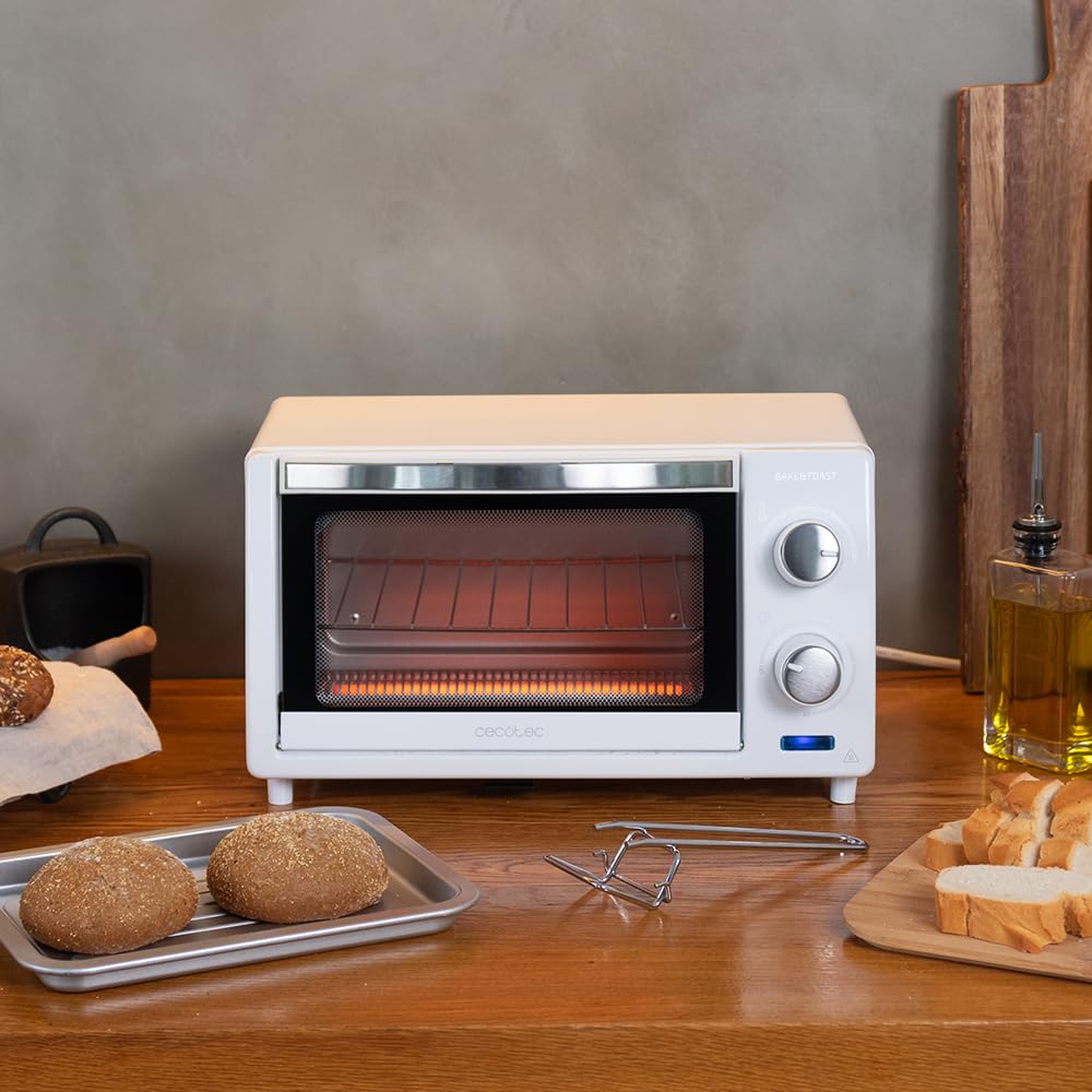 Cecotec Horno Sobremesa 10L Bake&Toast White. 800W, Acero Lacado Blanco, Cuarzo 2 piezas, Puerta doble cristal, Temporizador hasta 60 min, Temperatura regulable hasta 230ºC
