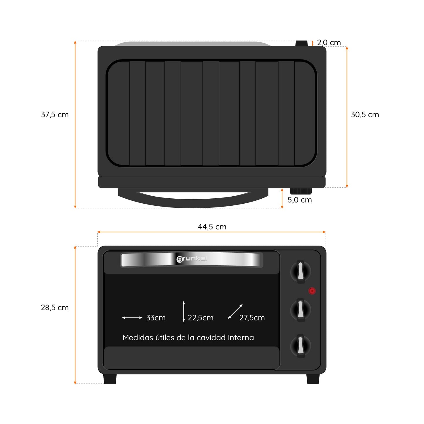 Grunkel - HR-23 - Horno eléctrico multifunción de sobremesa de 23l con 3 funciones de calor y selector de temperatura hasta 230ºC. Temporizador hasta 60 min - 1600W (Negro)