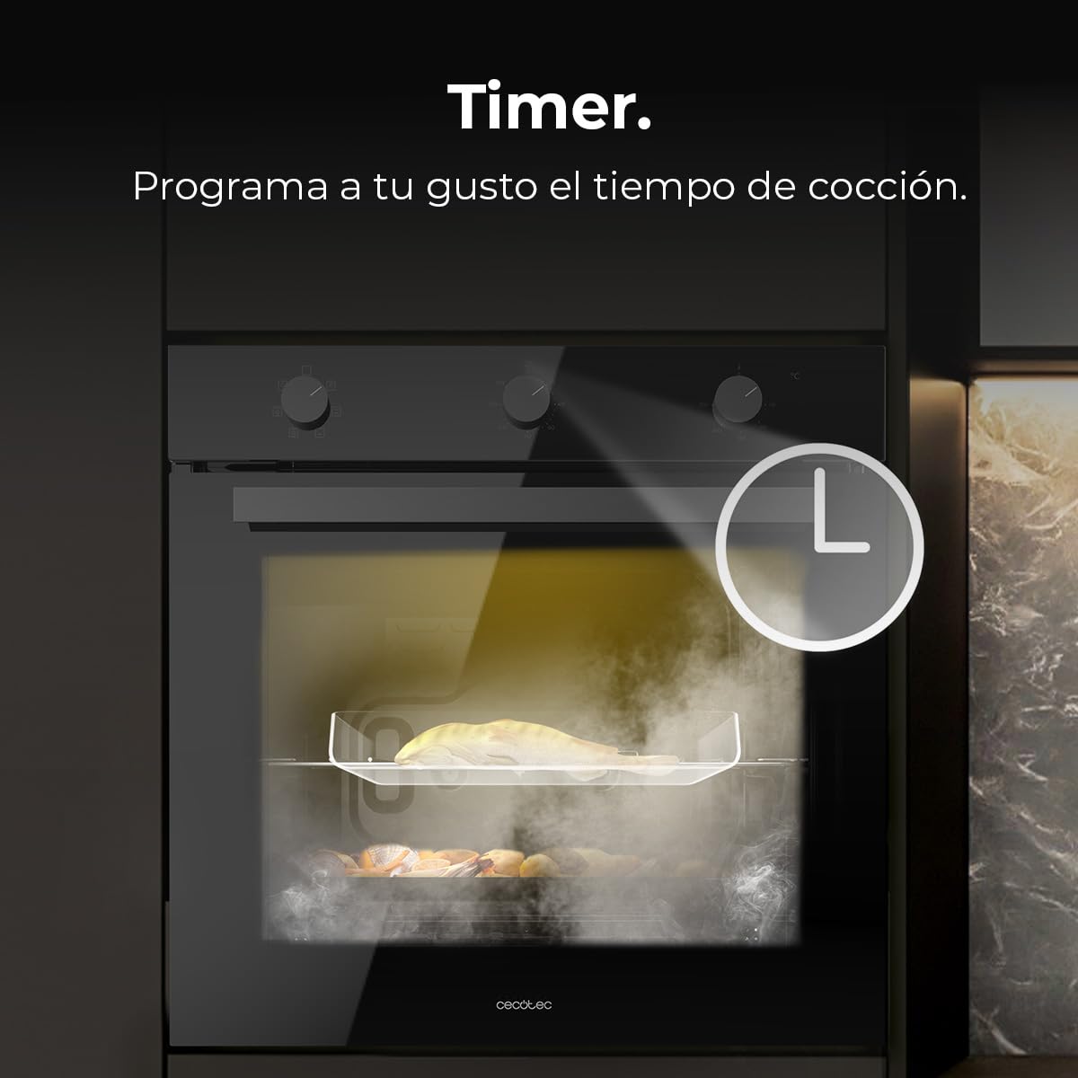 Cecotec Horno Integrable Multifunción 70L Bolero Hexa M236000 Glass Black Time. 2800W, 6 Funciones, Temporizador, Steam Base XXL, Steam Assist, Steam EasyClean, Cooling Fan, Modo Defrost, Convección