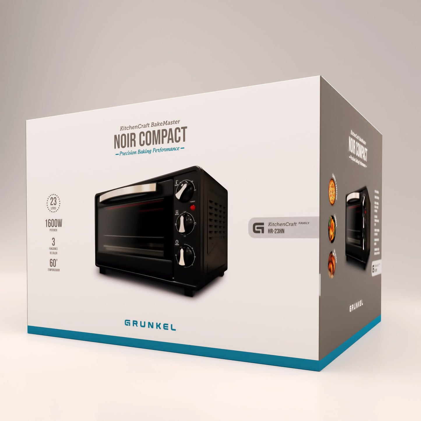 Grunkel - HR-23 - Horno eléctrico multifunción de sobremesa de 23l con 3 funciones de calor y selector de temperatura hasta 230ºC. Temporizador hasta 60 min - 1600W (Negro)