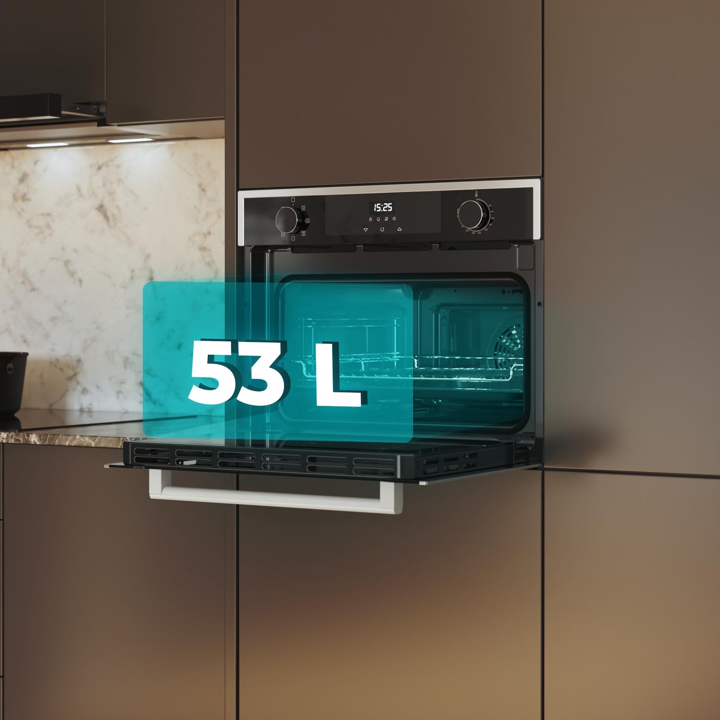 Cecotec Horno Integrable 45cm Alto Multifunción Bolero Hexa M224500 Edge A. 2600W, 53L Capacidad, 7 Funciones, Grill, Fan Assisted Grill, Convección, Defrost, Steam Base X2, Steam EasyClean, Vapor