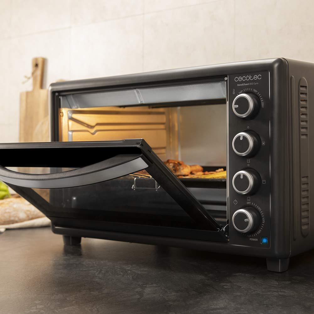 Cecotec Horno de sobremesa Bake&Toast 850 Gyro. 2200 W, Capacidad 60 litros, Cocina por convección, 12 Funciones, Incluye Rustidor Giratorio, Luz Interior, Puerta de Doble Cristal