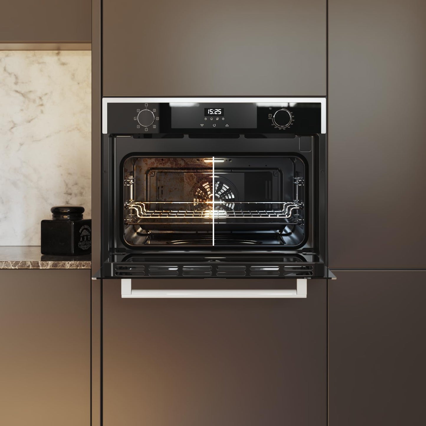 Cecotec Horno Integrable 45cm Alto Multifunción Bolero Hexa M224500 Edge A. 2600W, 53L Capacidad, 7 Funciones, Grill, Fan Assisted Grill, Convección, Defrost, Steam Base X2, Steam EasyClean, Vapor