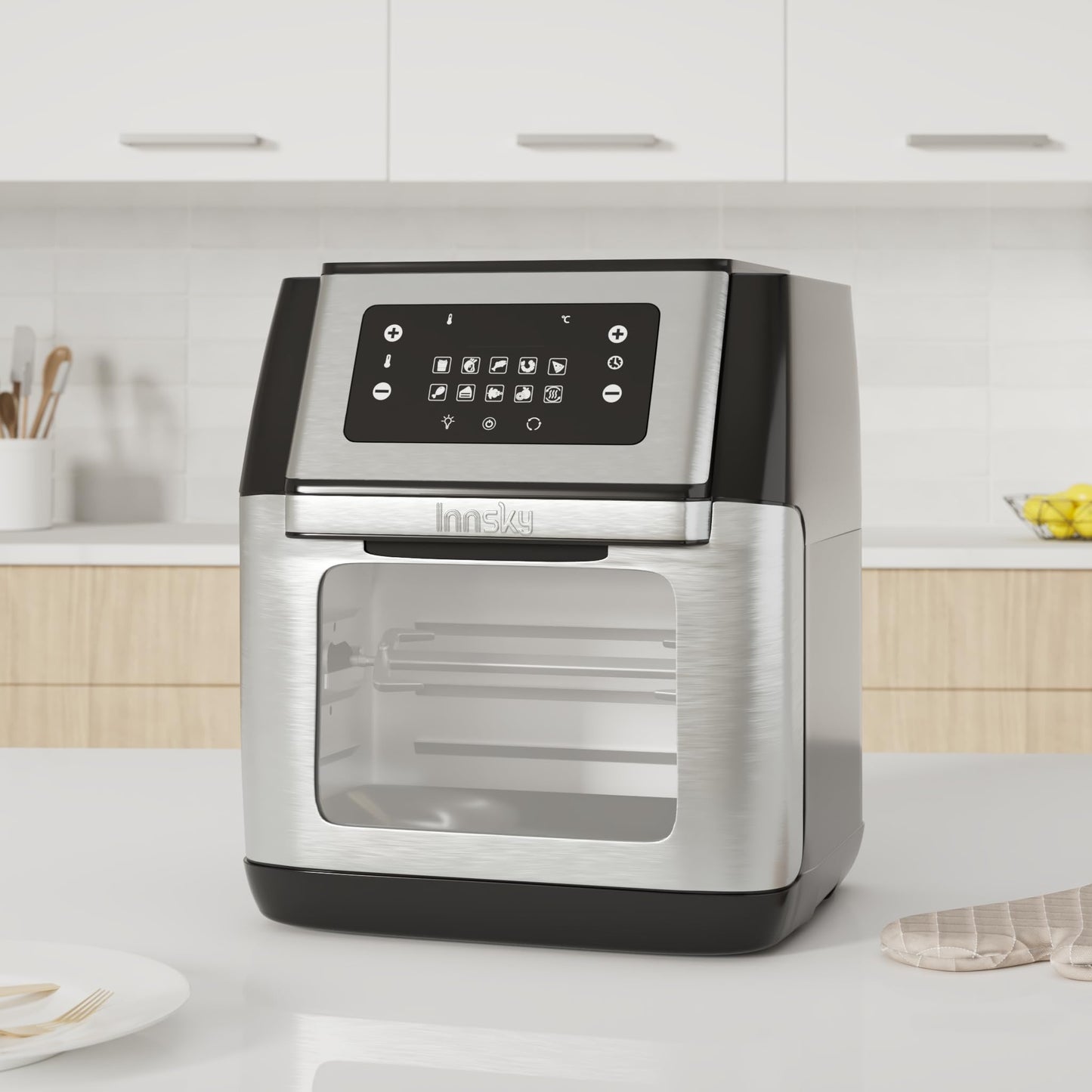 Innsky Freidora sin Aceite 10L, 1500W Freidora Aire con 10 Programas, Air Fryer con 6 Accesorios, Horno Aire Caliente, Deshidratar, Pantalla LED Táctil, Temporizador, con Recetas