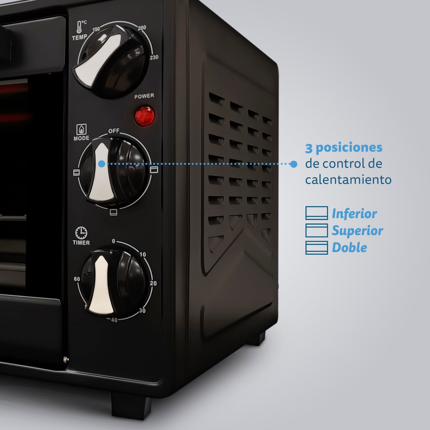 Grunkel - HR-23 - Horno eléctrico multifunción de sobremesa de 23l con 3 funciones de calor y selector de temperatura hasta 230ºC. Temporizador hasta 60 min - 1600W (Negro)