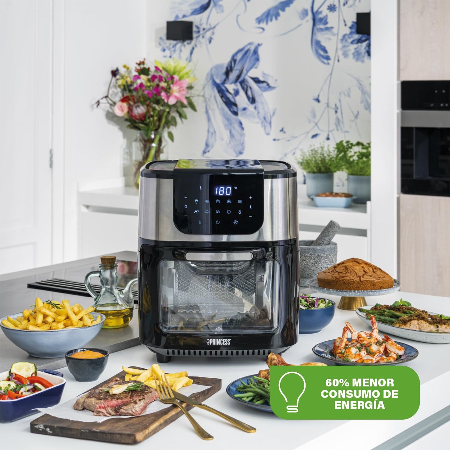 Princess Freidora de Aire y Horno Eléctrico 11 L – 1800W, 10 Programas, Pantalla Digital Táctil, Multifunción con Accesorios Incluidos