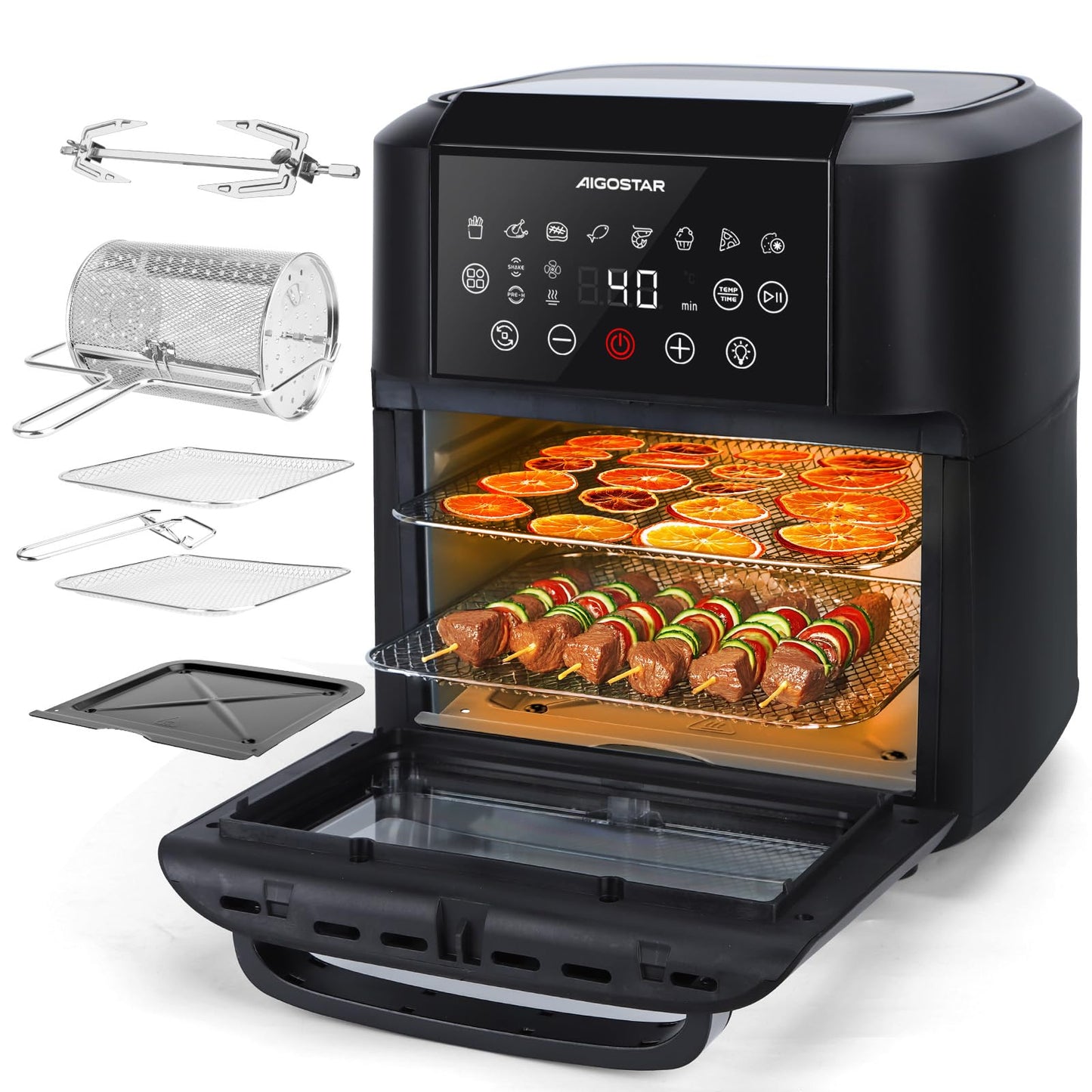 Aigostar Owen - Freidora aire de 12 litros de capacidad, Horno de aire multifunción, 1700 W, Pantalla LED táctil, 8 modos predeterminados, Incluye 7 accesorios, Sistema giratorio, Libre de BPA