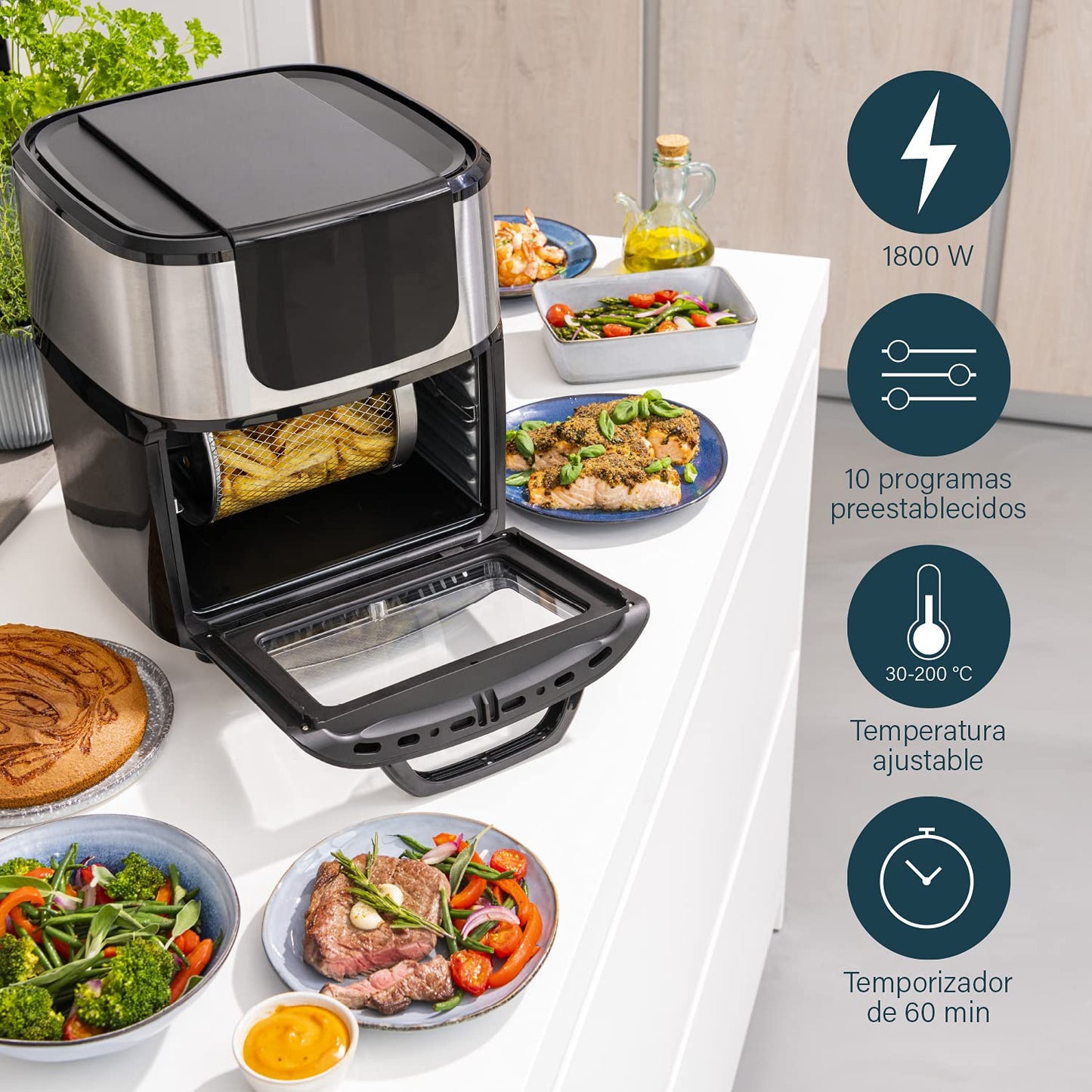 Princess Freidora de Aire y Horno Eléctrico 11 L – 1800W, 10 Programas, Pantalla Digital Táctil, Multifunción con Accesorios Incluidos
