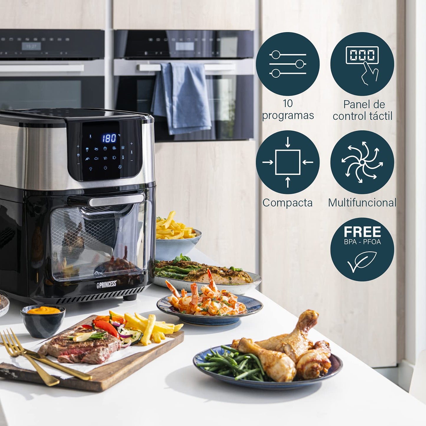 Princess Freidora de Aire y Horno Eléctrico 11 L – 1800W, 10 Programas, Pantalla Digital Táctil, Multifunción con Accesorios Incluidos