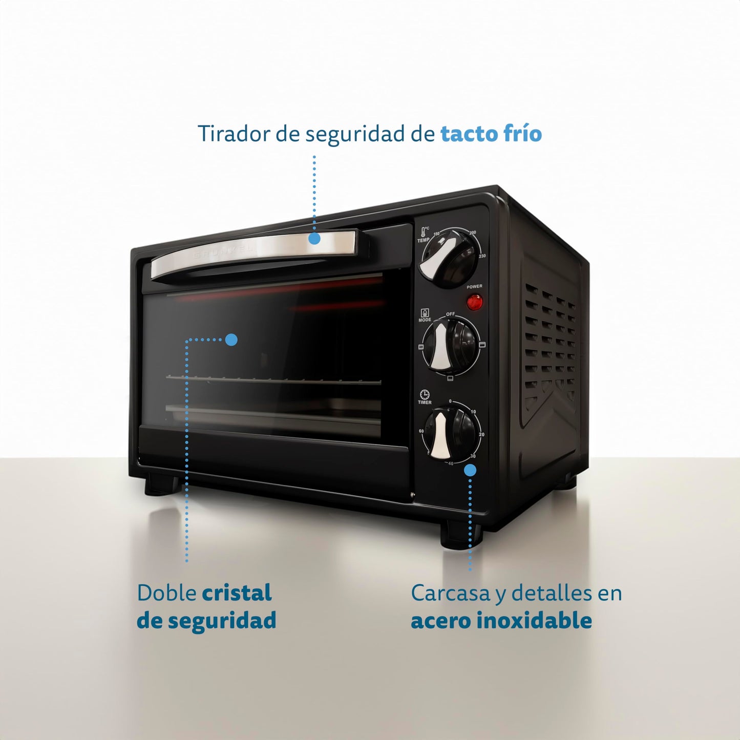 Grunkel - HR-23 - Horno eléctrico multifunción de sobremesa de 23l con 3 funciones de calor y selector de temperatura hasta 230ºC. Temporizador hasta 60 min - 1600W (Negro)