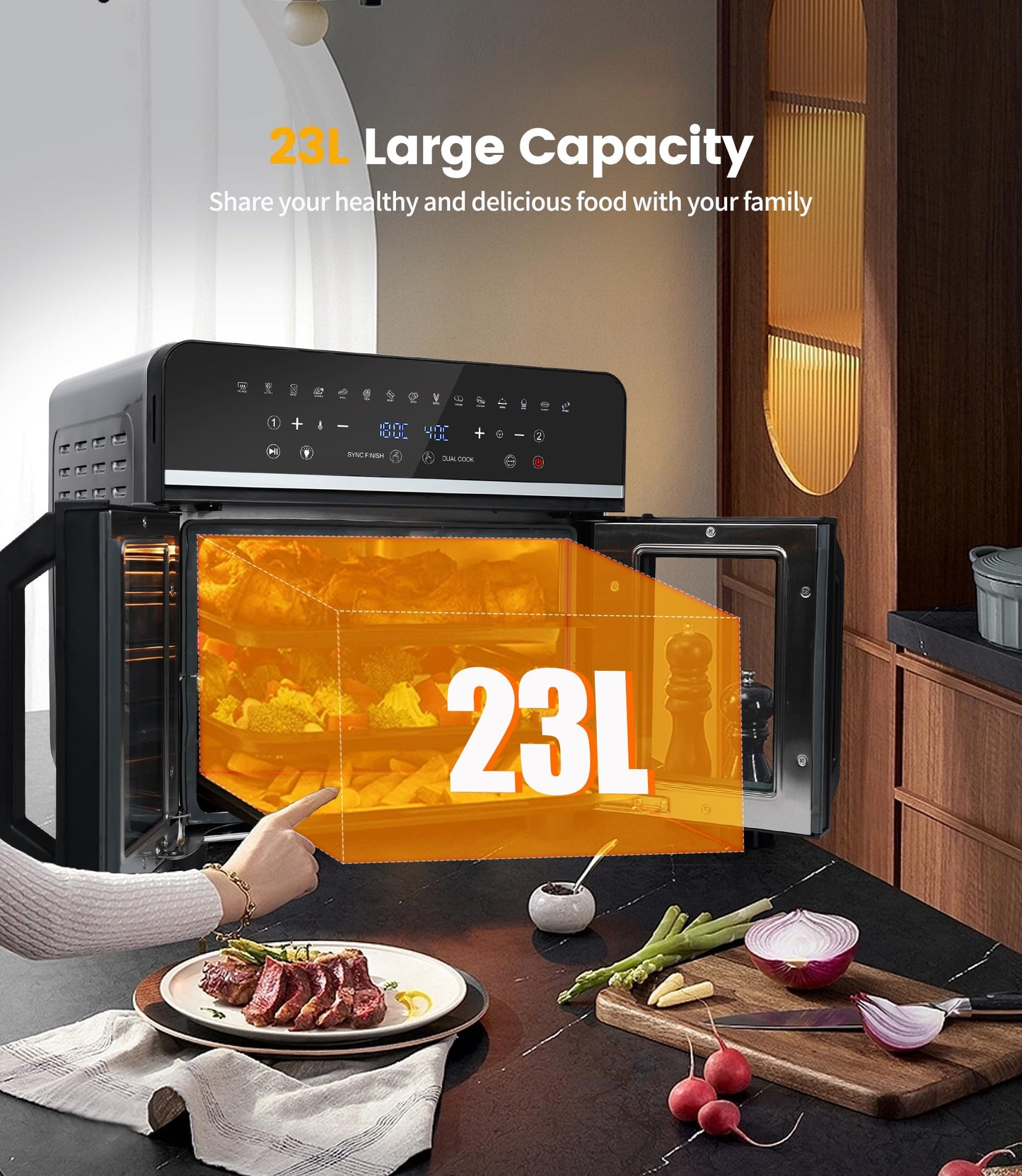 Freidora de Aire y Horno Eléctrico Emphsism XXL – 23 L, 2600W, Doble Compartimento, Pantalla LED Táctil, 15 Programas + 11 Accesorios