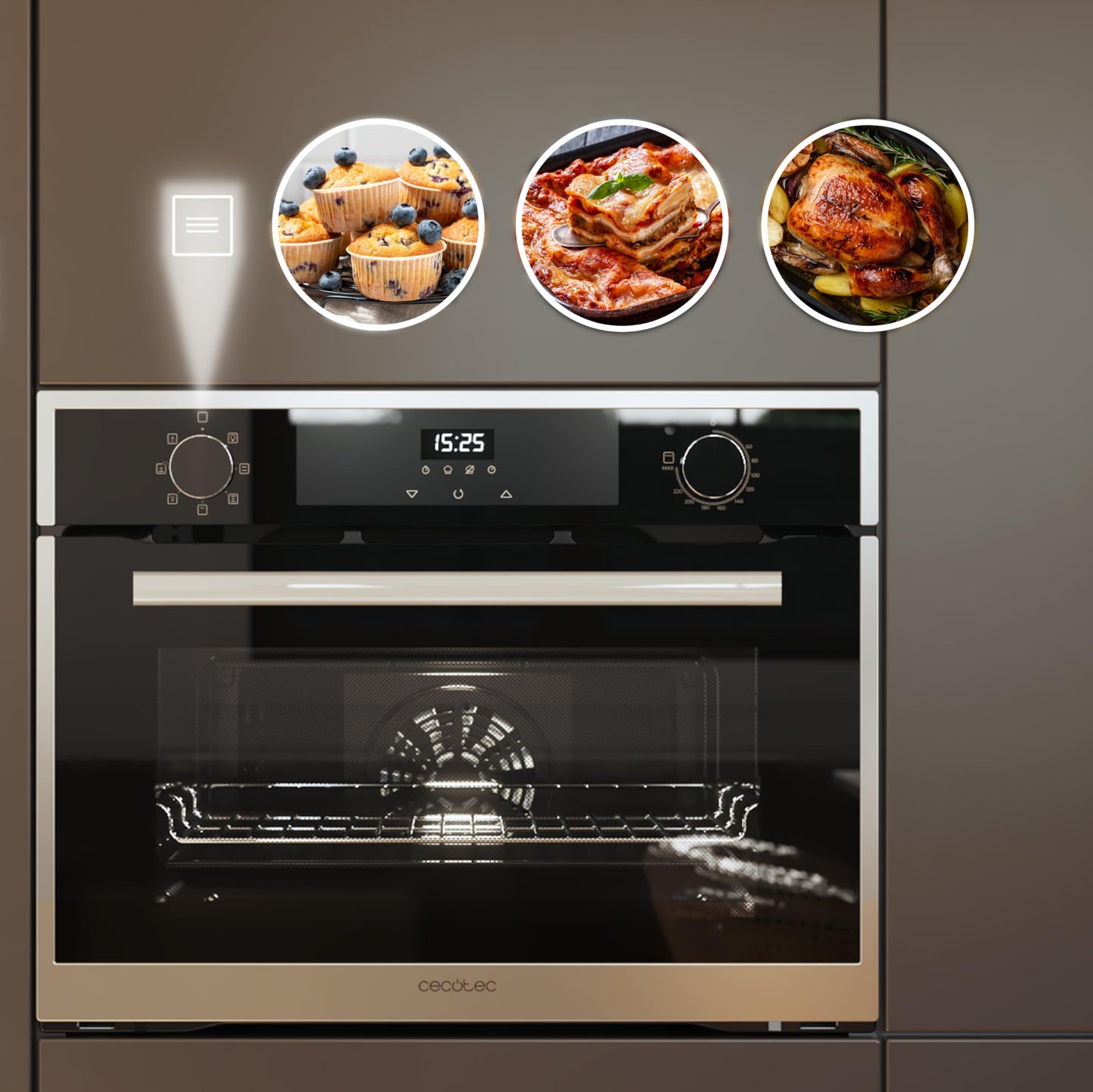 Cecotec Horno Integrable 45cm Alto Multifunción Bolero Hexa M224500 Edge A. 2600W, 53L Capacidad, 7 Funciones, Grill, Fan Assisted Grill, Convección, Defrost, Steam Base X2, Steam EasyClean, Vapor