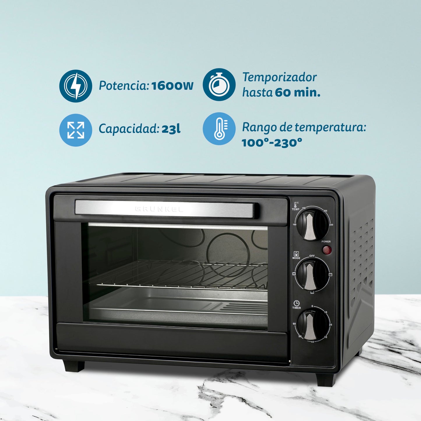 Grunkel - HR-23 - Horno eléctrico multifunción de sobremesa de 23l con 3 funciones de calor y selector de temperatura hasta 230ºC. Temporizador hasta 60 min - 1600W (Negro)