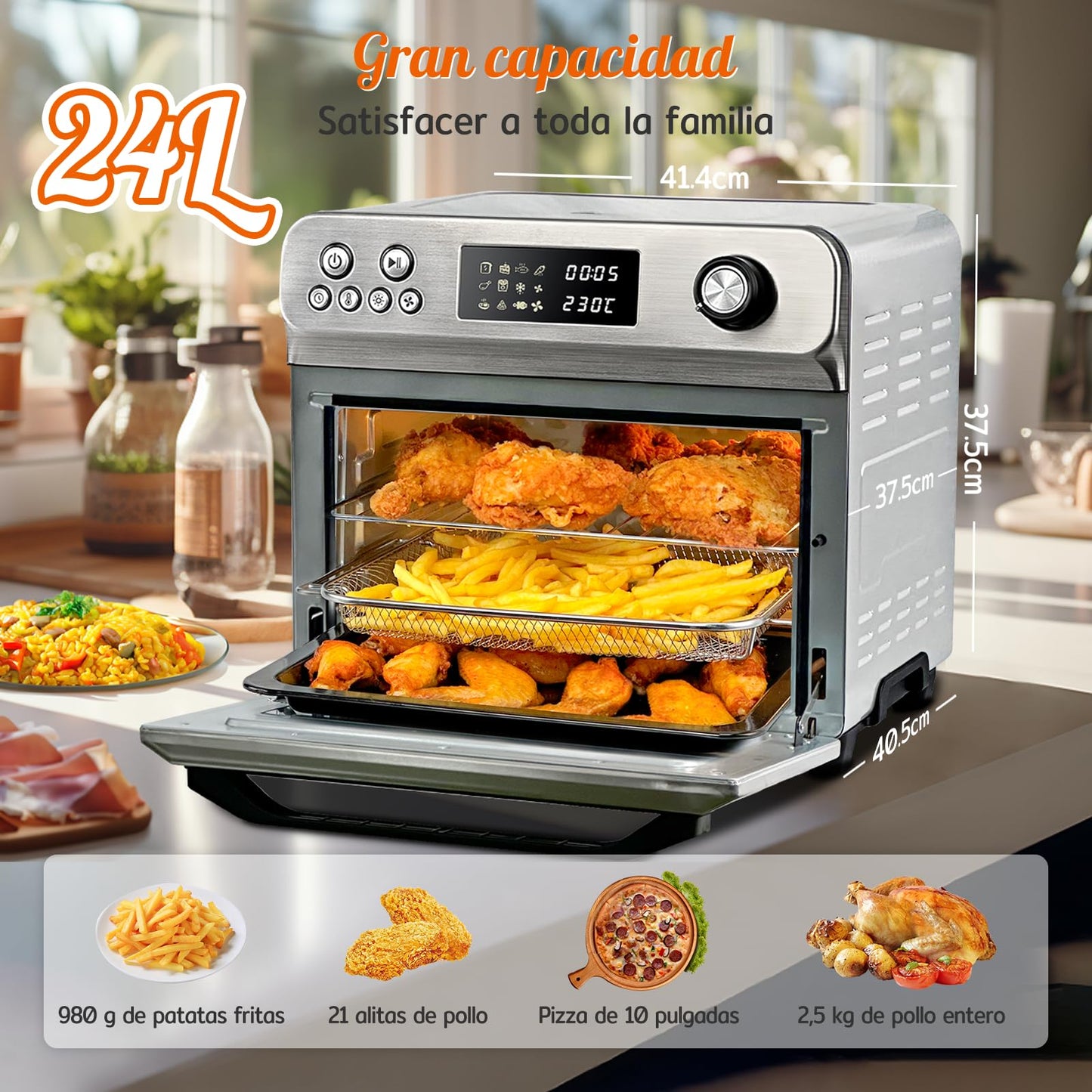 HYSapientia® Horno Freidora de Aire 24L, Horno de aire, 1800W Freidora sin Aceite con 10 Programas, Air Fryer con 8 Accesorios Gratis, airfryer xxl, Fácil de limpiar,Menos aceite…