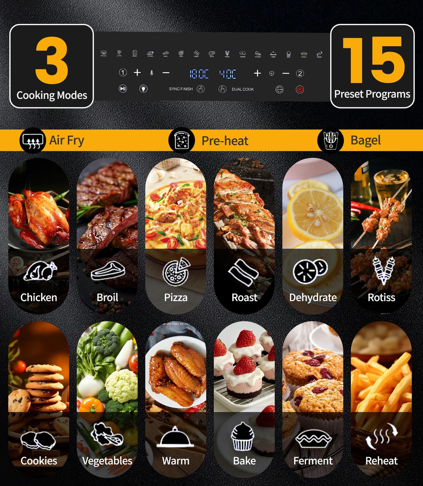 Freidora de Aire y Horno Eléctrico Emphsism XXL – 23 L, 2600W, Doble Compartimento, Pantalla LED Táctil, 15 Programas + 11 Accesorios