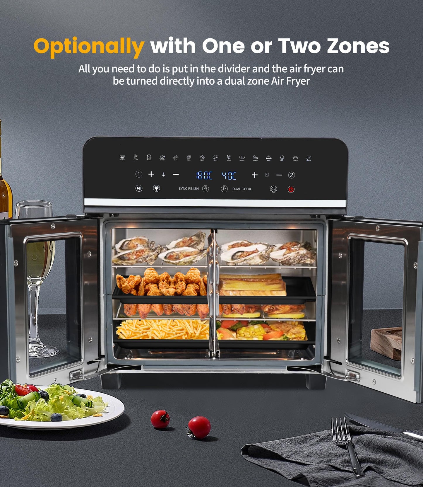Freidora de Aire y Horno Eléctrico Emphsism XXL – 23 L, 2600W, Doble Compartimento, Pantalla LED Táctil, 15 Programas + 11 Accesorios