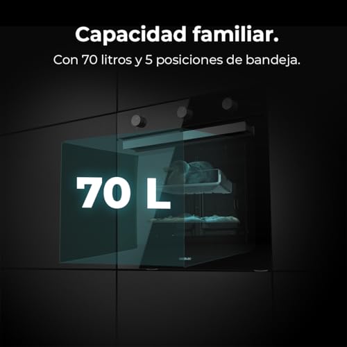 Cecotec Horno Integrable Multifunción 70L Bolero Hexa M236000 Glass Black Time. 2800W, 6 Funciones, Temporizador, Steam Base XXL, Steam Assist, Steam EasyClean, Cooling Fan, Modo Defrost, Convección