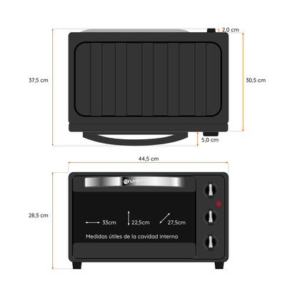 Grunkel - HR-23 - Horno eléctrico multifunción de sobremesa de 23l con 3 funciones de calor y selector de temperatura hasta 230ºC. Temporizador hasta 60 min - 1600W (Negro)