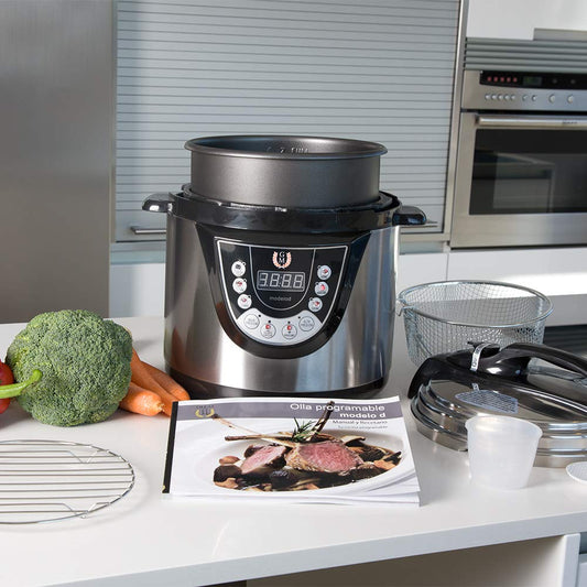 Cecotec Olla Electrica a Presión Programable Olla GM Modelo D, Multifunción, 6 Menús, Función Freír, Capacidad de 6l, 70-125 kPa, Programable 24h, Incluye Recetario, 1000W, Acero Y Negro