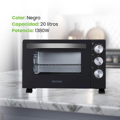 Becken Horno Eléctrico de Sobremesa – 30 L, 1500W, 6 Niveles de Potencia, Temporizador 60 min, Grill y Luz Interior | Negro