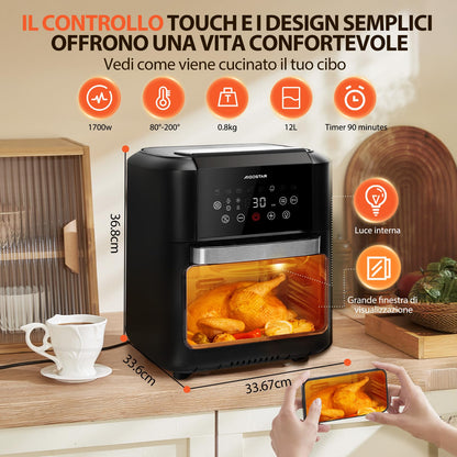 Aigostar Owen - Freidora aire de 12 litros de capacidad, Horno de aire multifunción, 1700 W, Pantalla LED táctil, 8 modos predeterminados, Incluye 7 accesorios, Sistema giratorio, Libre de BPA