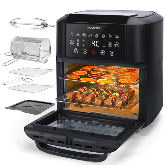 Aigostar Owen - Freidora aire de 12 litros de capacidad, Horno de aire multifunción, 1700 W, Pantalla LED táctil, 8 modos predeterminados, Incluye 7 accesorios, Sistema giratorio, Libre de BPA