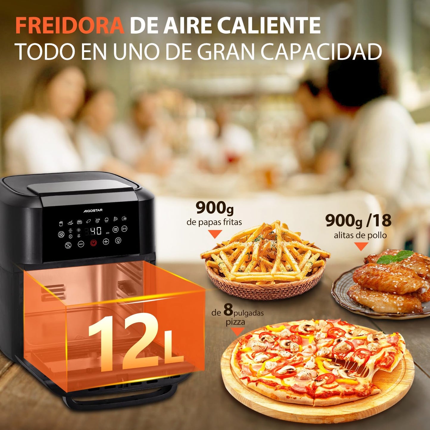 Aigostar Owen - Freidora aire de 12 litros de capacidad, Horno de aire multifunción, 1700 W, Pantalla LED táctil, 8 modos predeterminados, Incluye 7 accesorios, Sistema giratorio, Libre de BPA