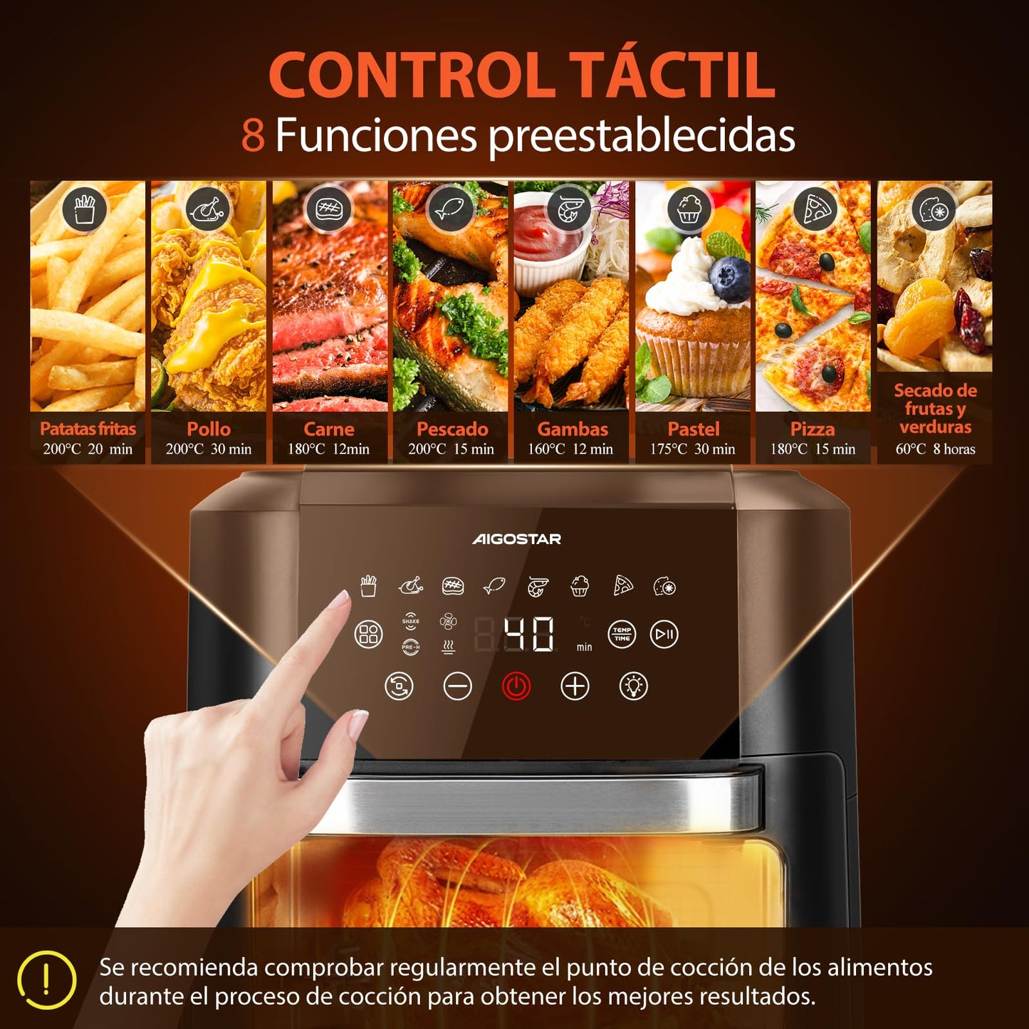 Aigostar Owen - Freidora aire de 12 litros de capacidad, Horno de aire multifunción, 1700 W, Pantalla LED táctil, 8 modos predeterminados, Incluye 7 accesorios, Sistema giratorio, Libre de BPA