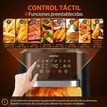 Aigostar Owen - Freidora aire de 12 litros de capacidad, Horno de aire multifunción, 1700 W, Pantalla LED táctil, 8 modos predeterminados, Incluye 7 accesorios, Sistema giratorio, Libre de BPA