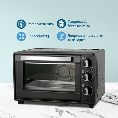 Grunkel - HR-23 - Horno eléctrico multifunción de sobremesa de 23l con 3 funciones de calor y selector de temperatura hasta 230ºC. Temporizador hasta 60 min - 1600W (Negro)