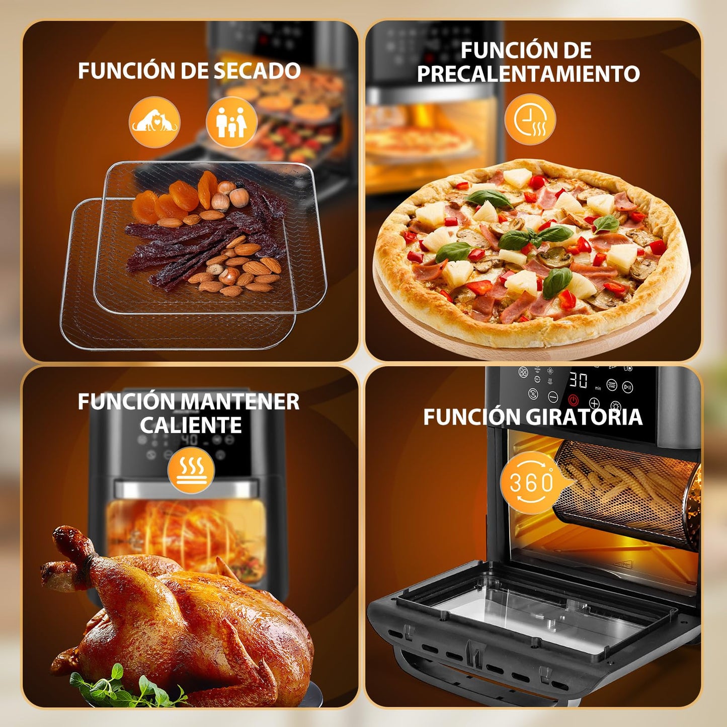 Aigostar Owen - Freidora aire de 12 litros de capacidad, Horno de aire multifunción, 1700 W, Pantalla LED táctil, 8 modos predeterminados, Incluye 7 accesorios, Sistema giratorio, Libre de BPA
