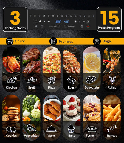 Freidora de Aire y Horno Eléctrico Emphsism XXL – 23 L, 2600W, Doble Compartimento, Pantalla LED Táctil, 15 Programas + 11 Accesorios
